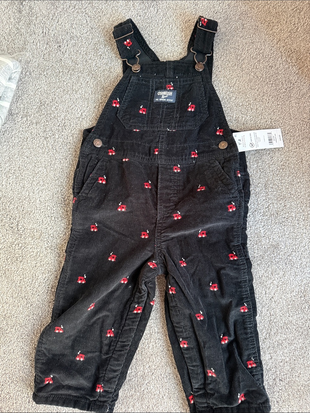 OshKosh B'gosh Black Corduroy Overalls with Red Truck Embroidery